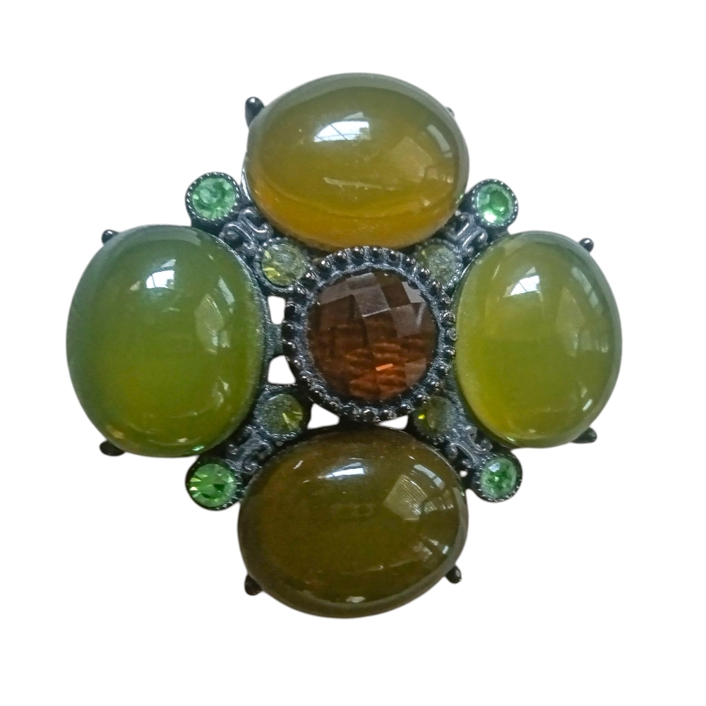 Vintage Green Cabochon Jelly Belly Maltese Cross Brooch Pendant